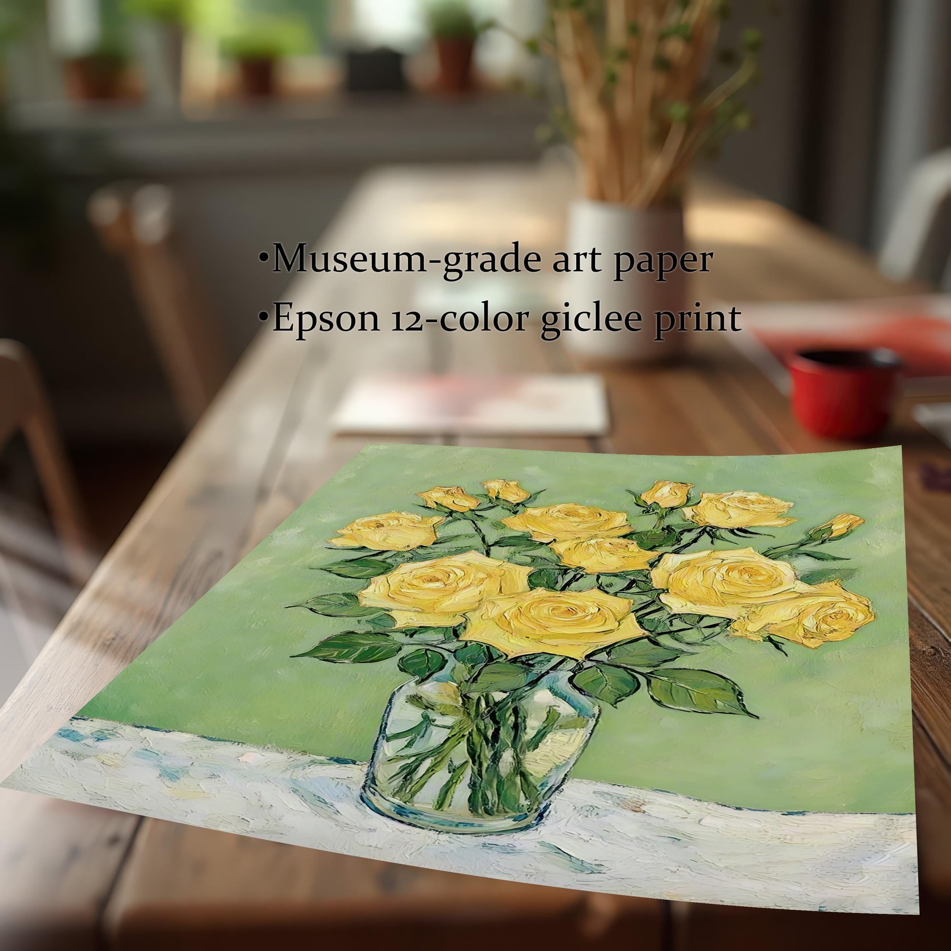 An unframed art print of yellow roses in a vase is on a light wood table. Text notes it is a "museum-grade" giclée print.