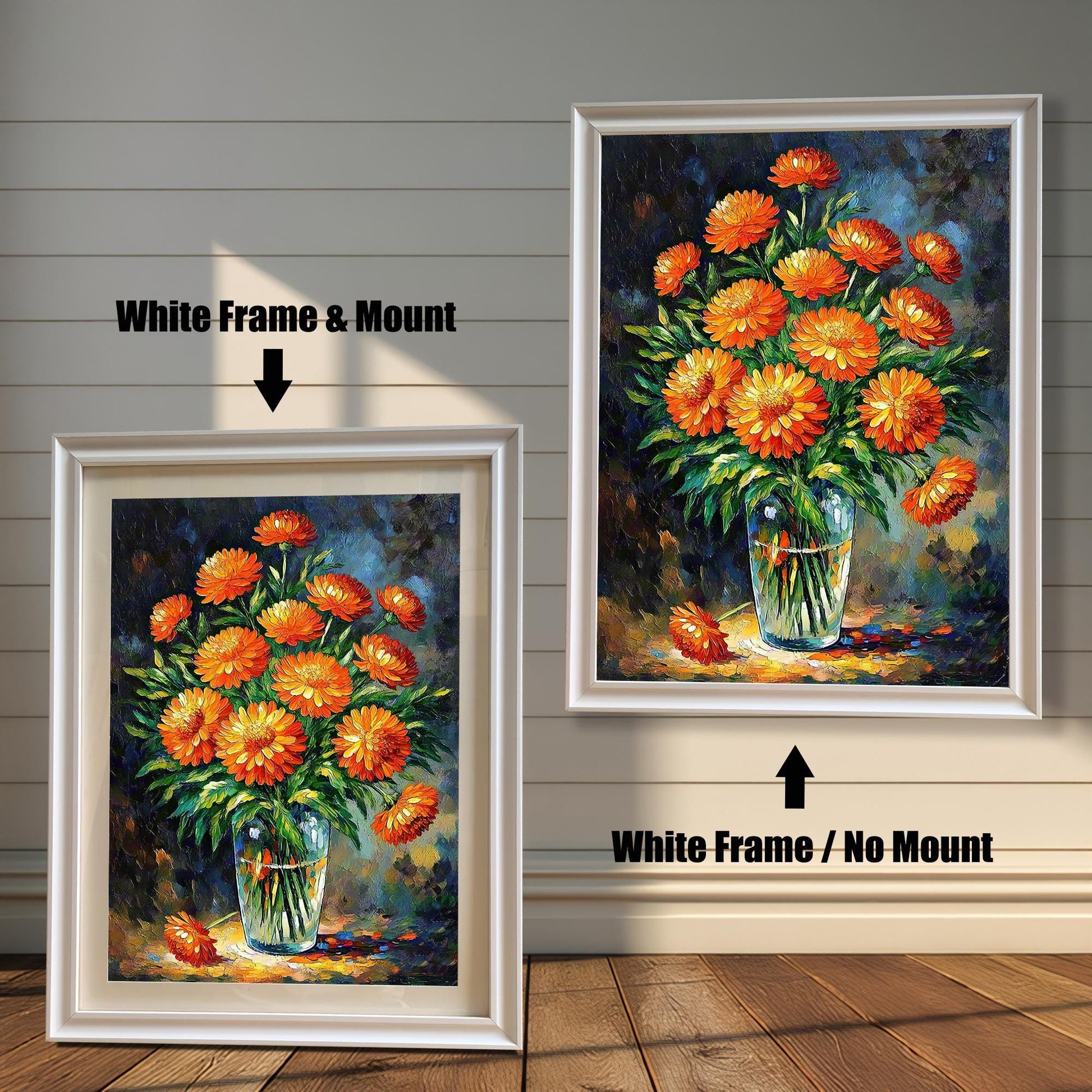 A white-framed art print of orange flowers is shown in two versions: one on the left with a mount (mat) and one on the right without a mount.