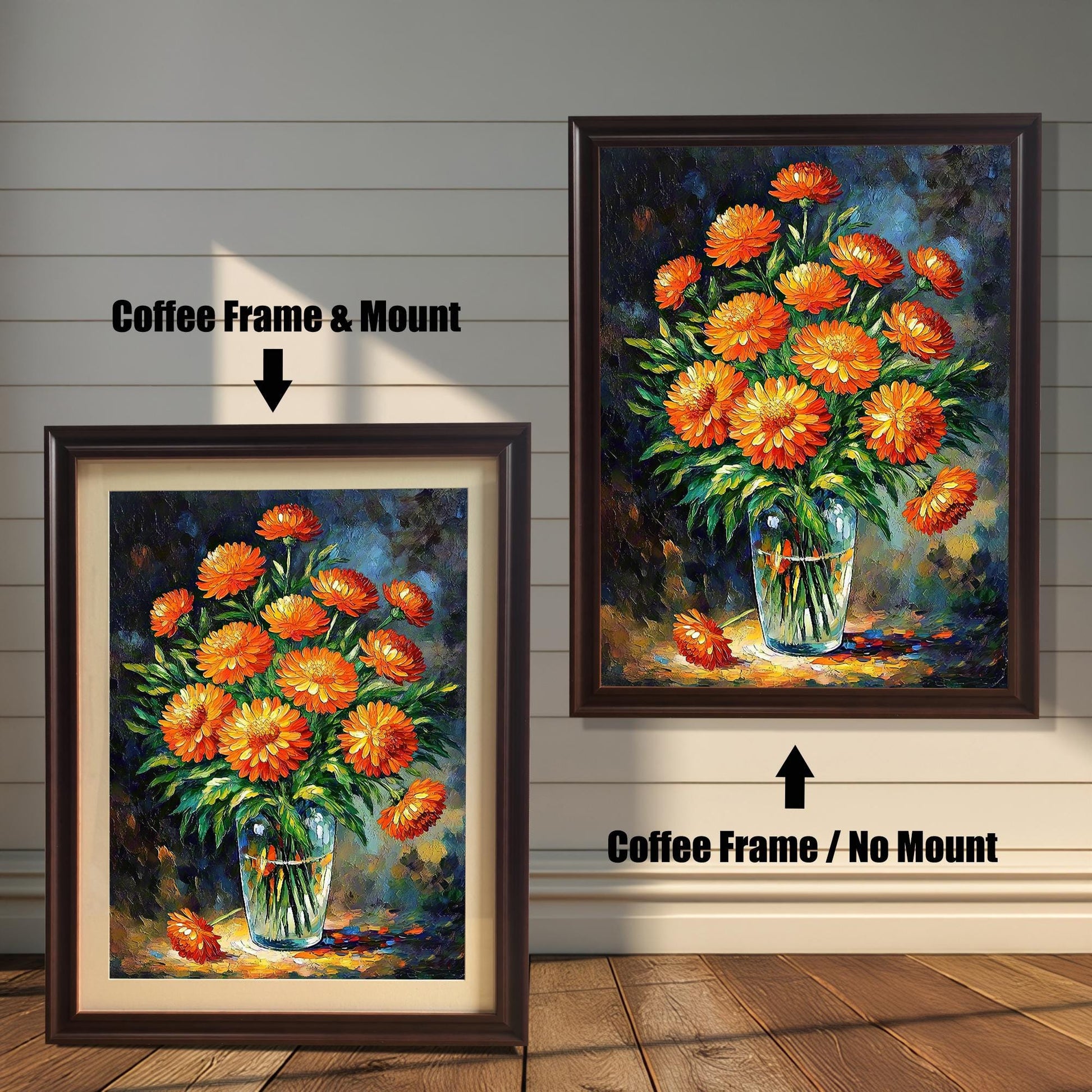 A coffee-brown-framed art print of orange flowers is shown in two versions: one on the left with a mount (mat) and one on the right without a mount.