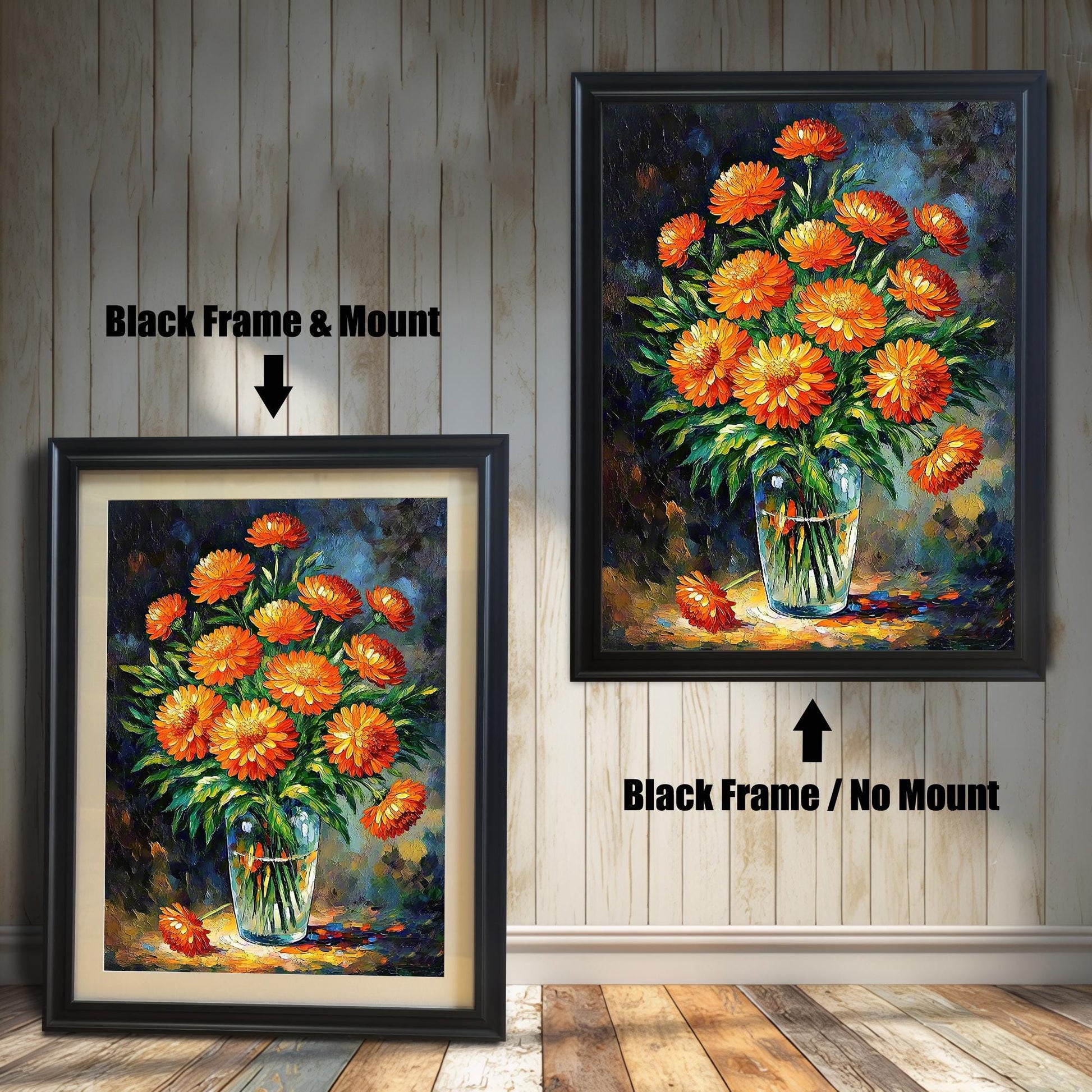 A black-framed art print of orange flowers is shown in two versions: one on the left with a mount (mat) and one on the right without a mount.