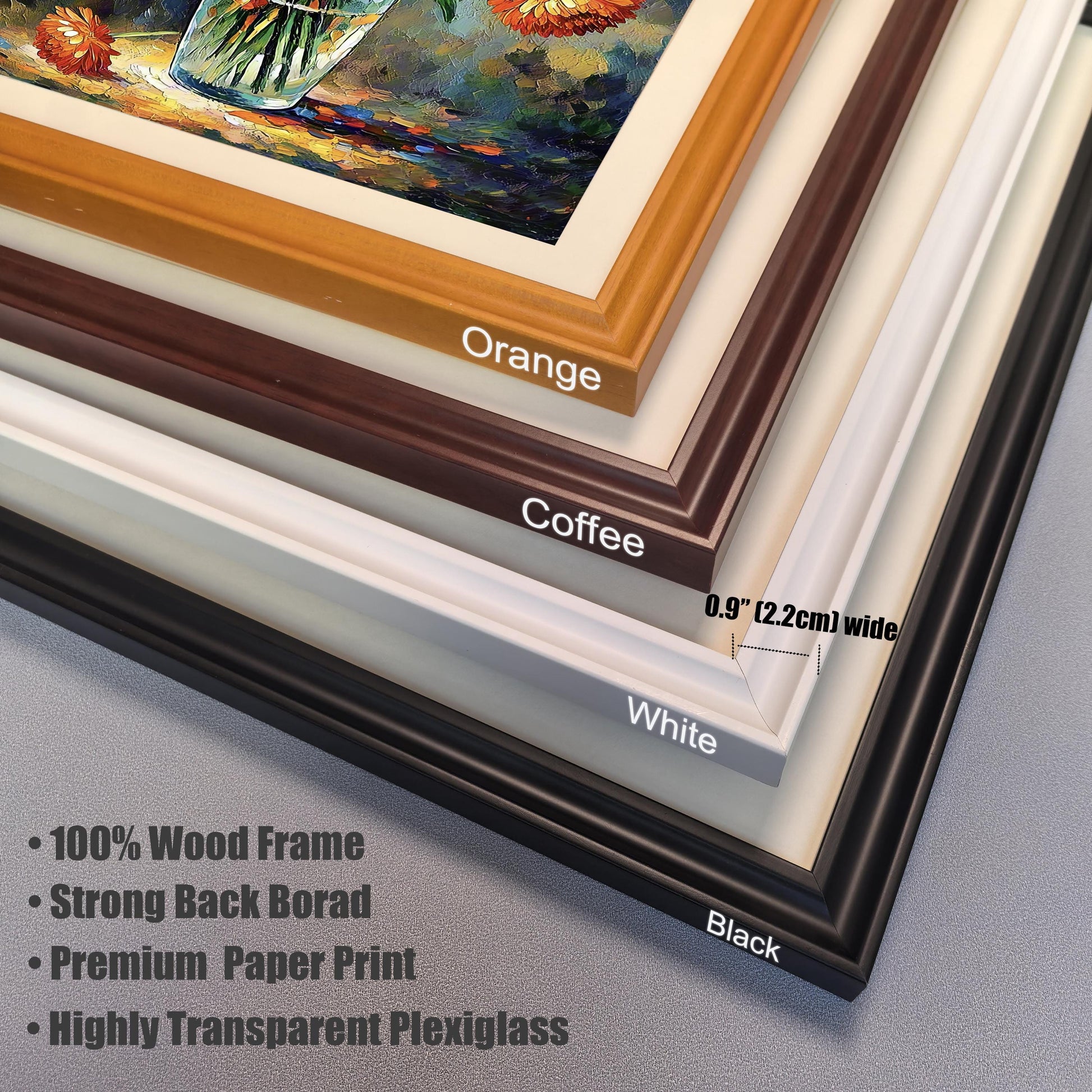 A close-up shows the corners of four different frames in various colors: orange, coffee-brown, white, and black. Text lists frame materials and features.