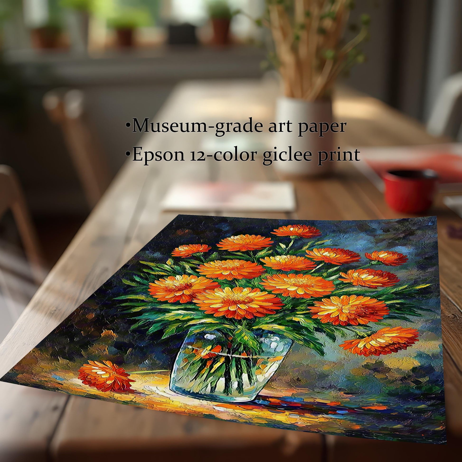 An unframed art print of an orange floral bouquet in a vase is on a light wood table. Text notes it is a "museum-grade" giclée print.