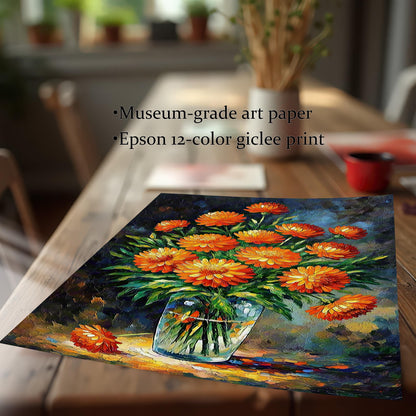 An unframed art print of an orange floral bouquet in a vase is on a light wood table. Text notes it is a "museum-grade" giclée print.