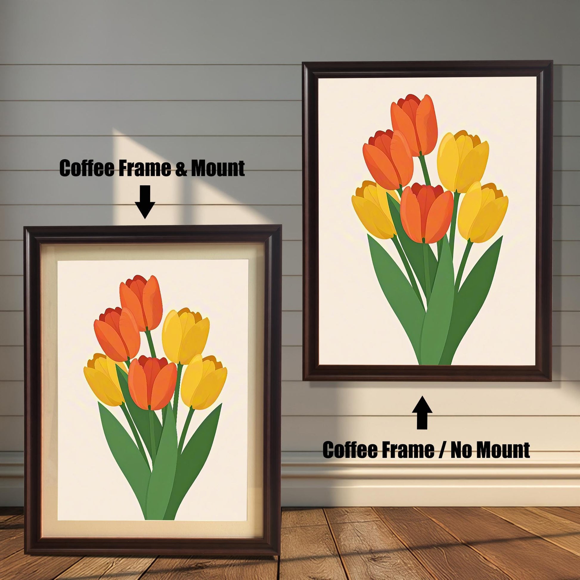 A coffee-brown-framed art print of orange and yellow tulips is shown in two versions: one with a mount (mat) on the left and one without a mount on the right.