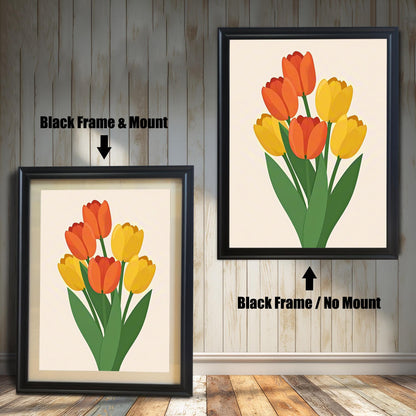 A black-framed art print of orange and yellow tulips is shown in two versions: one with a mount (mat) on the left and one without a mount on the right.