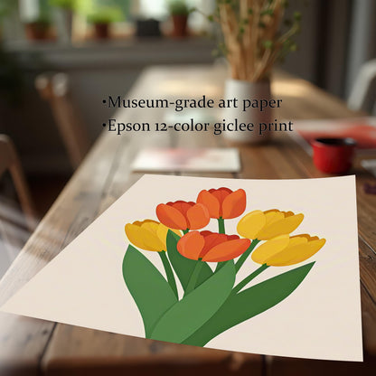 An unframed art print of orange and yellow tulips is on a light wood table. Text lists "Museum-grade art paper" and "Epson 12-color giclee print."