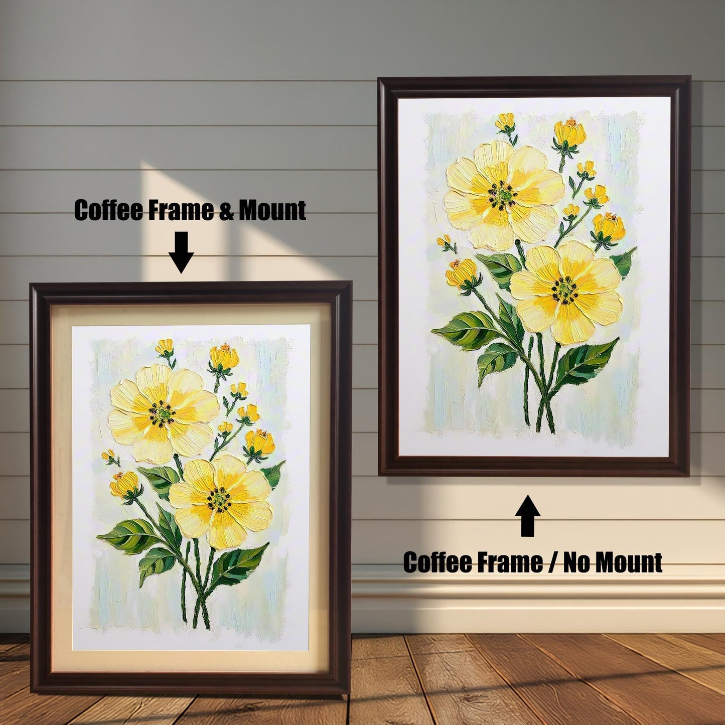 A coffee-brown-framed art print of yellow flowers is shown in two versions: one on the left with a mount (mat) and one on the right without a mount.