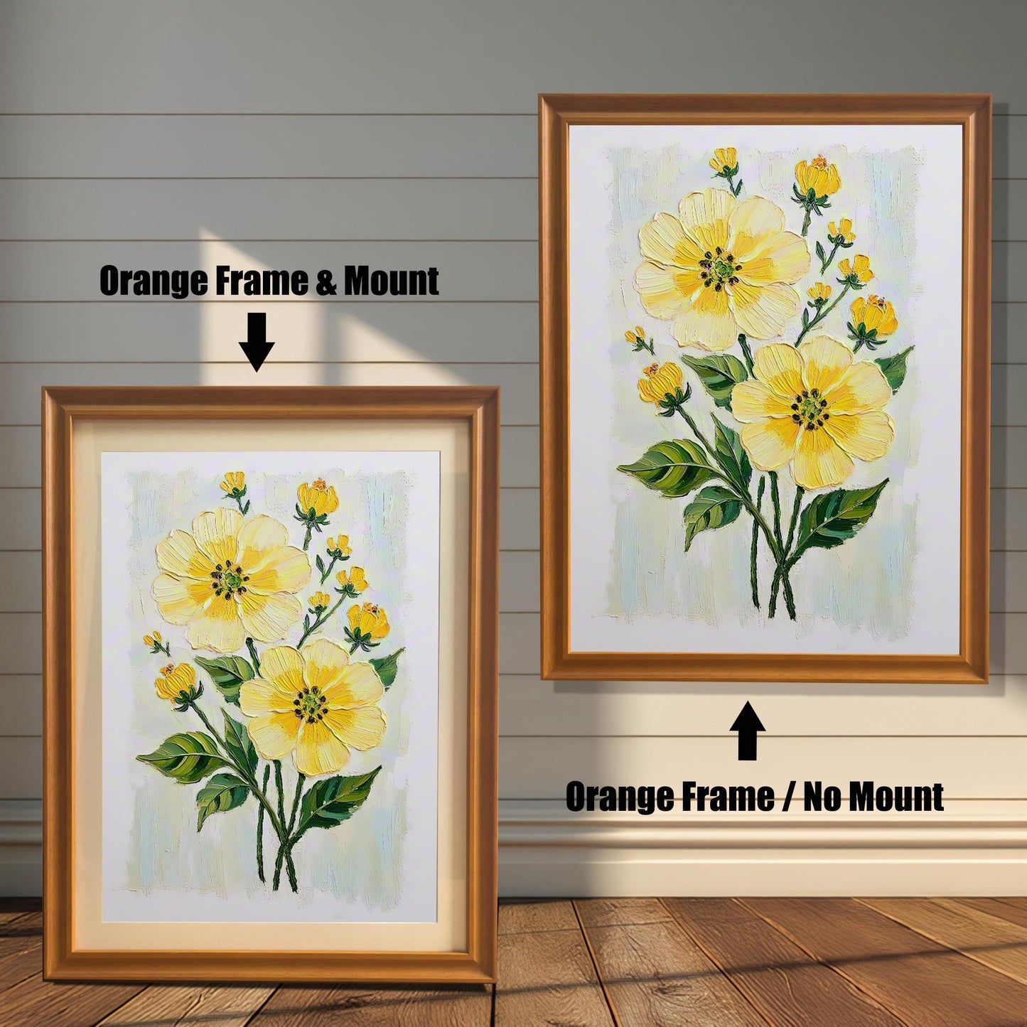 An orange-brown-framed art print of yellow flowers is shown in two versions: one with a mount (mat) on the left and one without a mount on the right.