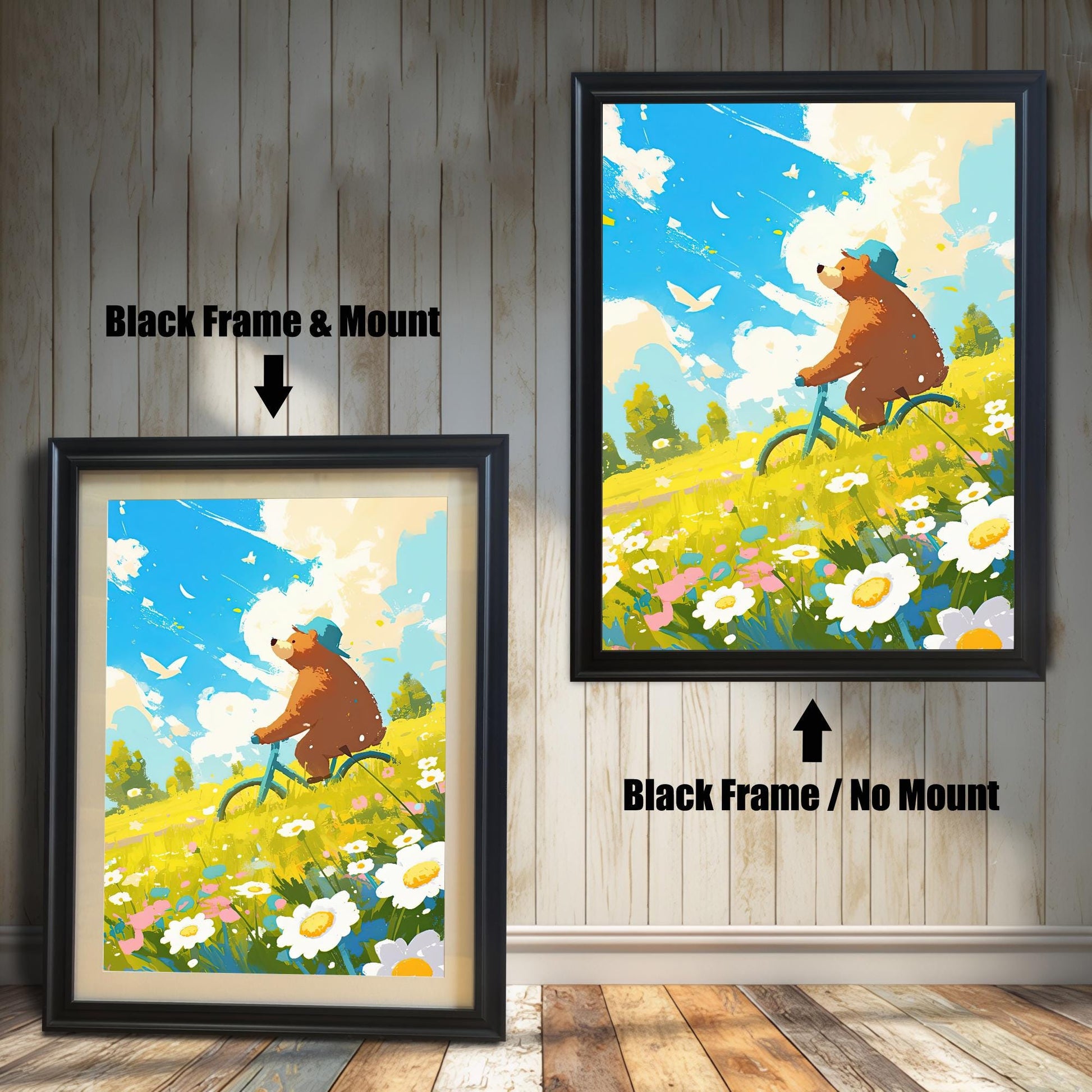 A split image featuring two versions of the art print framed in black. The left side shows a black-framed print with a cream-colored mat, and the right side shows the print in a black frame without a mat. The artwork shows a cheerful bear on a bike in a vibrant yellow field with white flowers.