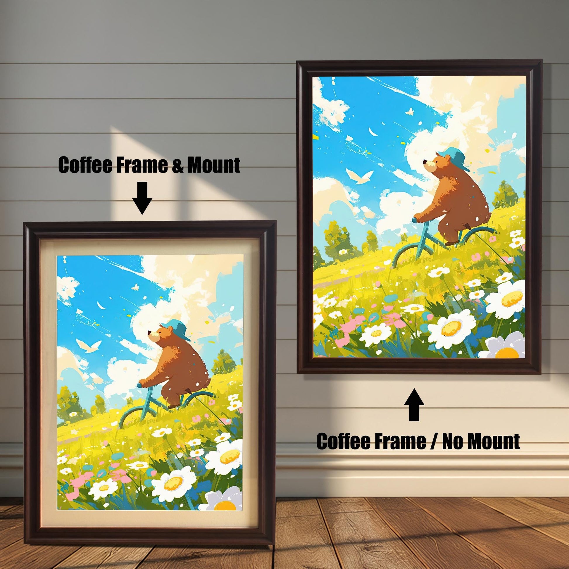 A split image featuring two styles of the art print framed in a rich, dark "Coffee" wood frame. The left side shows the framed print with a mat, while the right side shows the print without a mat. The image highlights the two framing styles available for the coffee-colored wood frame.