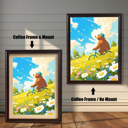 A split image featuring two styles of the art print framed in a rich, dark "Coffee" wood frame. The left side shows the framed print with a mat, while the right side shows the print without a mat. The image highlights the two framing styles available for the coffee-colored wood frame.
