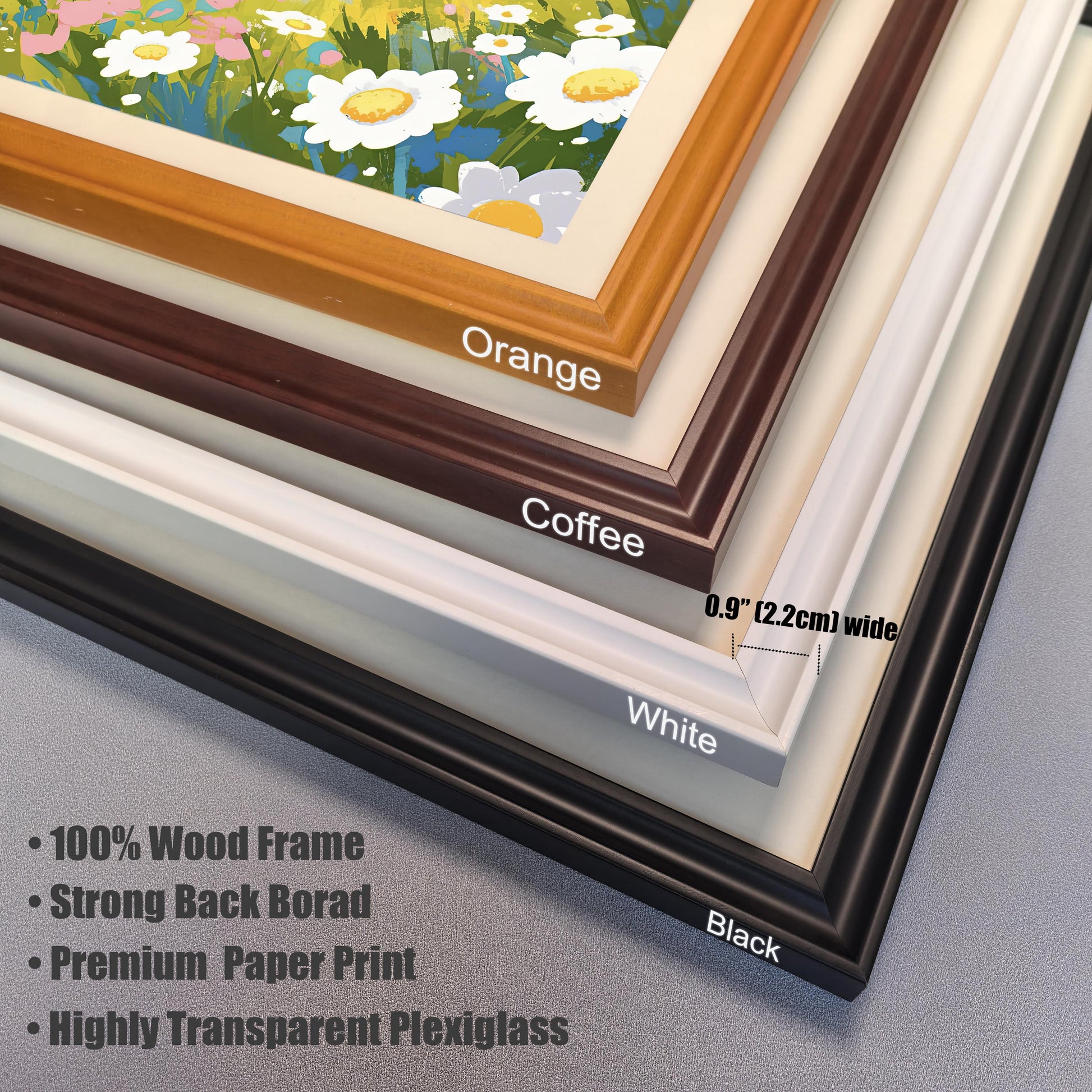 A product detail shot showing the corners of four different wood frames stacked on top of each other. From top to bottom, the frame colors are labeled "Orange," "Coffee," "White," and "Black." The image also includes text highlighting the product features: "100% Wood Frame," "Strong Back Board," "Premium Paper Print," and "Highly Transparent Plexiglass.