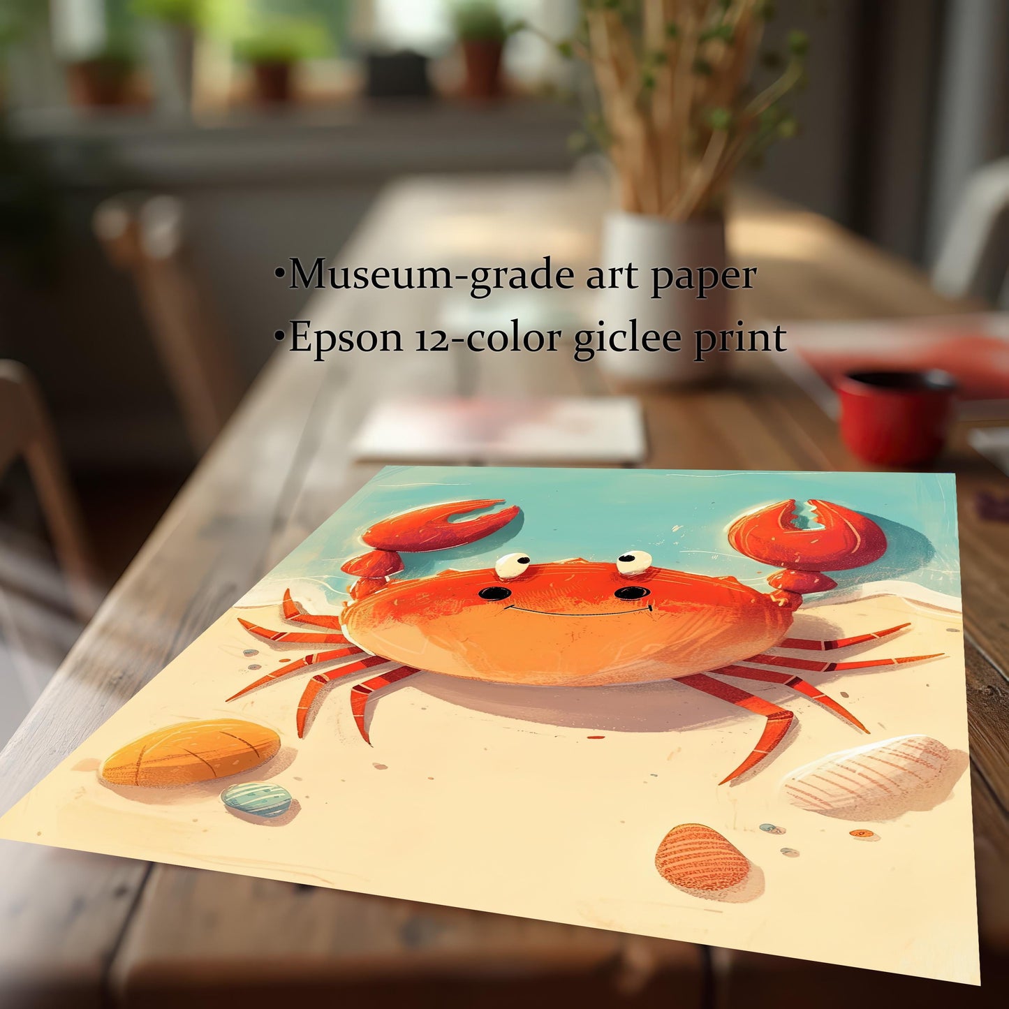 A close-up shot of the unframed art print lying on a rustic wooden table. The image highlights the print's quality, with text that reads, "**Museum-grade art paper**" and "**Epson 12-color giclee print**," showcasing the vibrant colors and detailed texture of the cartoon crab, sand, and seashells.