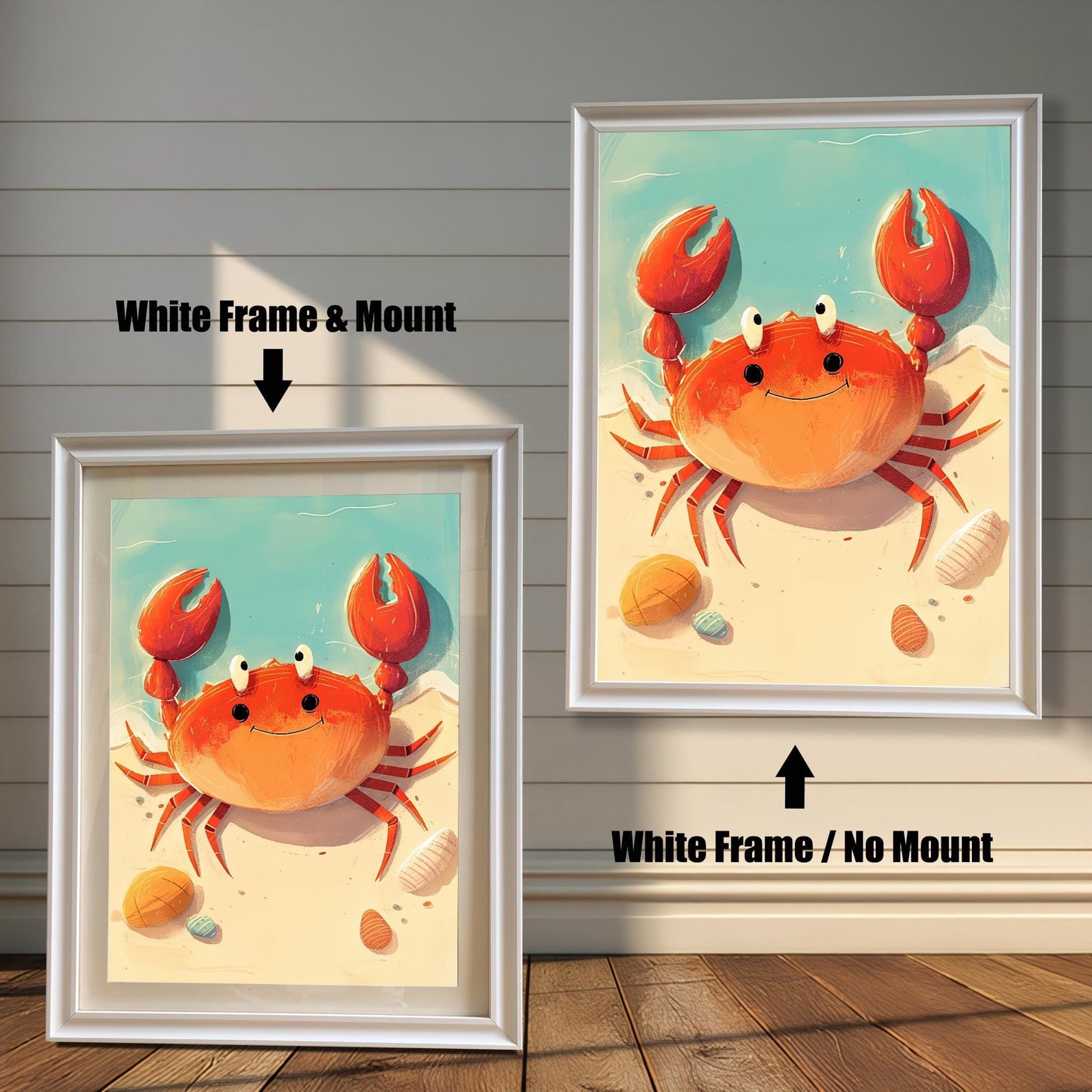 A split image showing two versions of the art print in a white frame. The left side features the "**White Frame & Mount**" option with a mat, while the right side shows the print in the same white frame without a mat, labeled "**White Frame / No Mount**." The art depicts a cute crab on a beach.