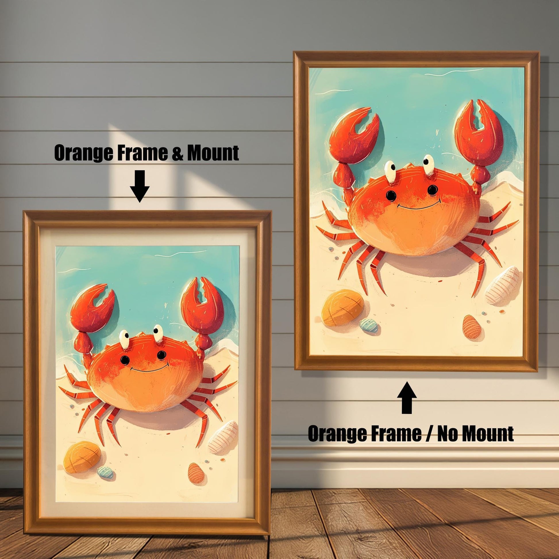 A split-screen view of the art print in two orange-toned frames. The left side shows the "**Orange Frame & Mount**" option with a mat, and the right shows the print without a mat, labeled "**Orange Frame / No Mount**." This image highlights the different framing styles available for this bright wood frame.