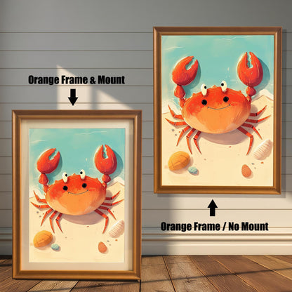 A split-screen view of the art print in two orange-toned frames. The left side shows the "**Orange Frame & Mount**" option with a mat, and the right shows the print without a mat, labeled "**Orange Frame / No Mount**." This image highlights the different framing styles available for this bright wood frame.