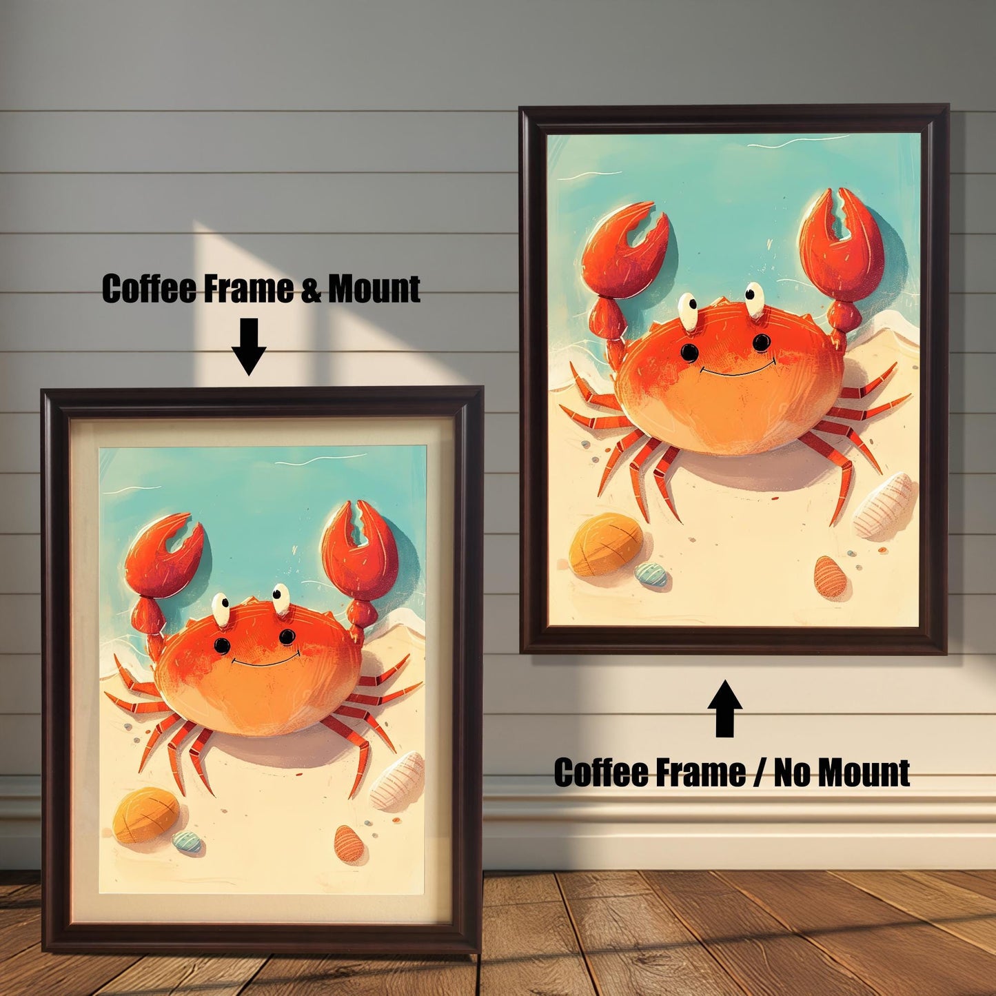 A split-screen product image showing two versions of a framed art print featuring a happy red crab. The left side shows the "Coffee Frame & Mount" option, with a dark brown wood frame and a light-colored mat. The right side shows the "Coffee Frame / No Mount" option, with the same frame but no mat. The art depicts a smiling crab on a sandy beach with seashells.