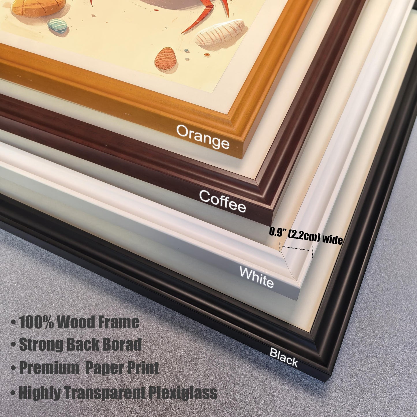 A product detail shot showing the corners of four wood frames stacked on top of each other. The frames are labeled "**Orange**, **Coffee**, **White**, and **Black**." The image also includes key features like "**100% Wood Frame**" and "**Highly Transparent Plexiglass**."
