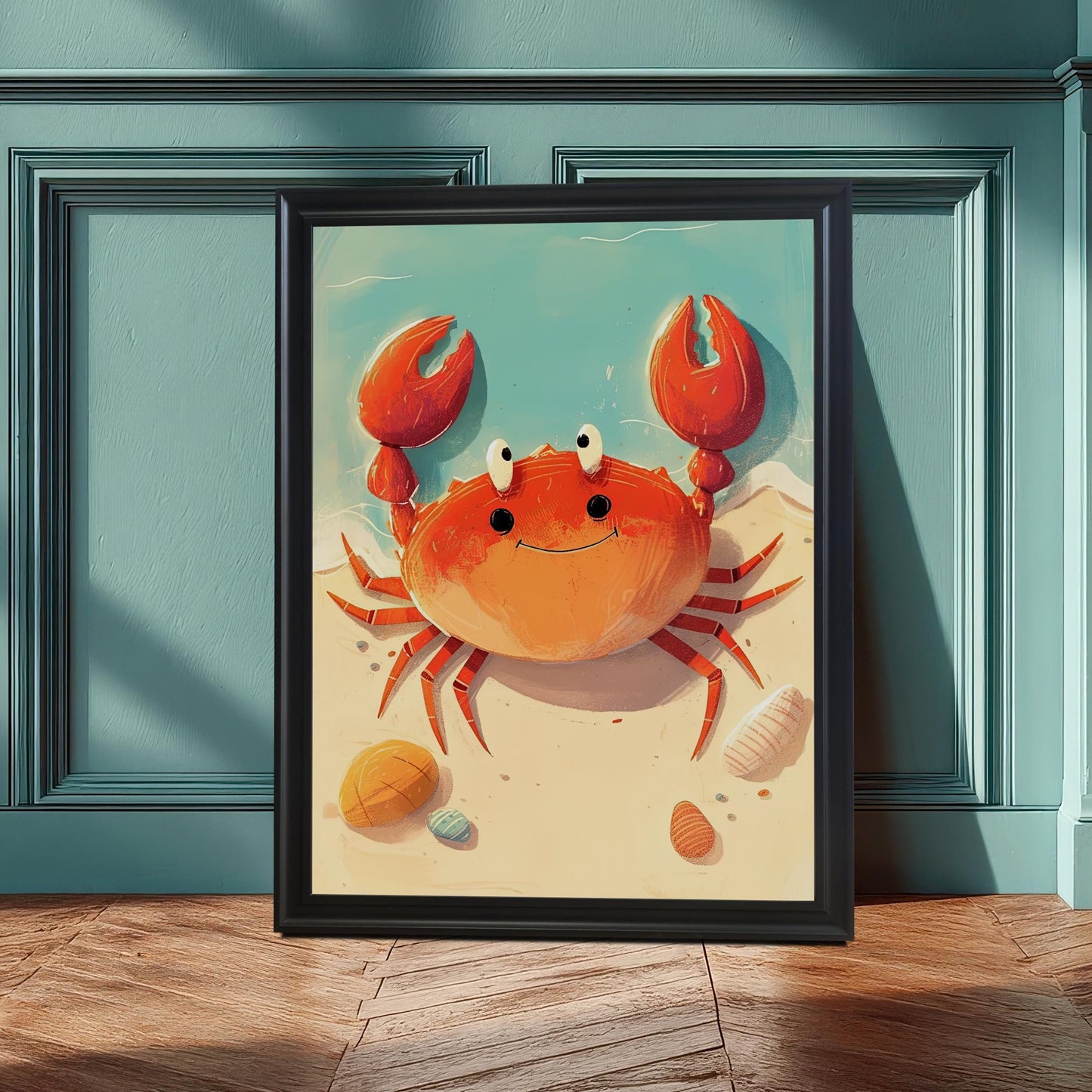 A staged photo of the framed crab art print in a black wood frame. The print is leaning against a teal-colored wall with decorative wainscoting, creating a stylish, contemporary look that complements the blue tones in the artwork.