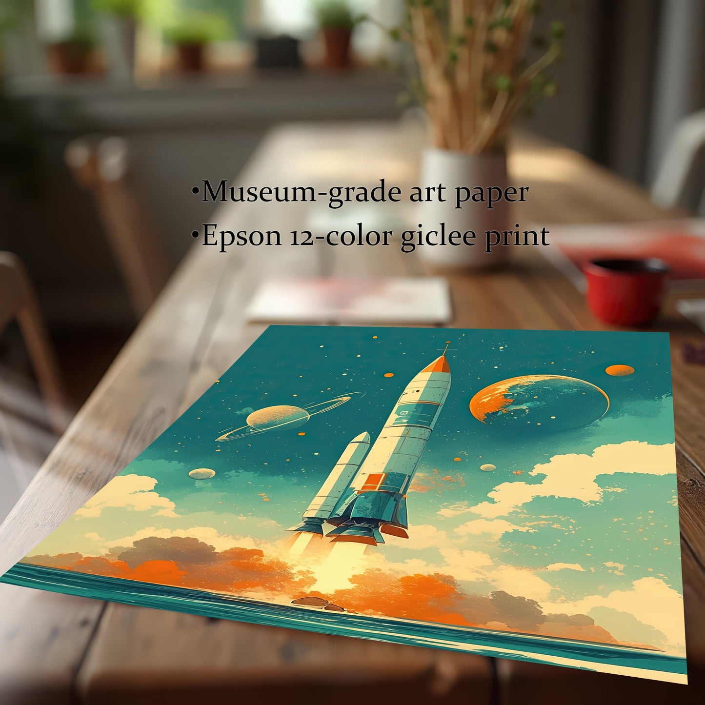A vibrant, unframed art print of a vintage space scene, featuring a rocket launch with planets, resting on a rustic wood dining table. The image highlights the high-quality printing process, noting it's a "Museum-grade art paper" and an "Epson 12-color giclee print