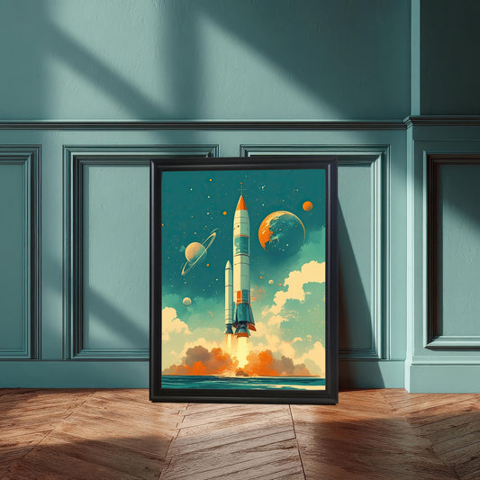 A single black-framed art print of a retro rocket launch hanging against a decorative blue-green wall with classic molding. The print depicts a rocket lifting off from a blue sea with orange clouds and floating planets in the sky.