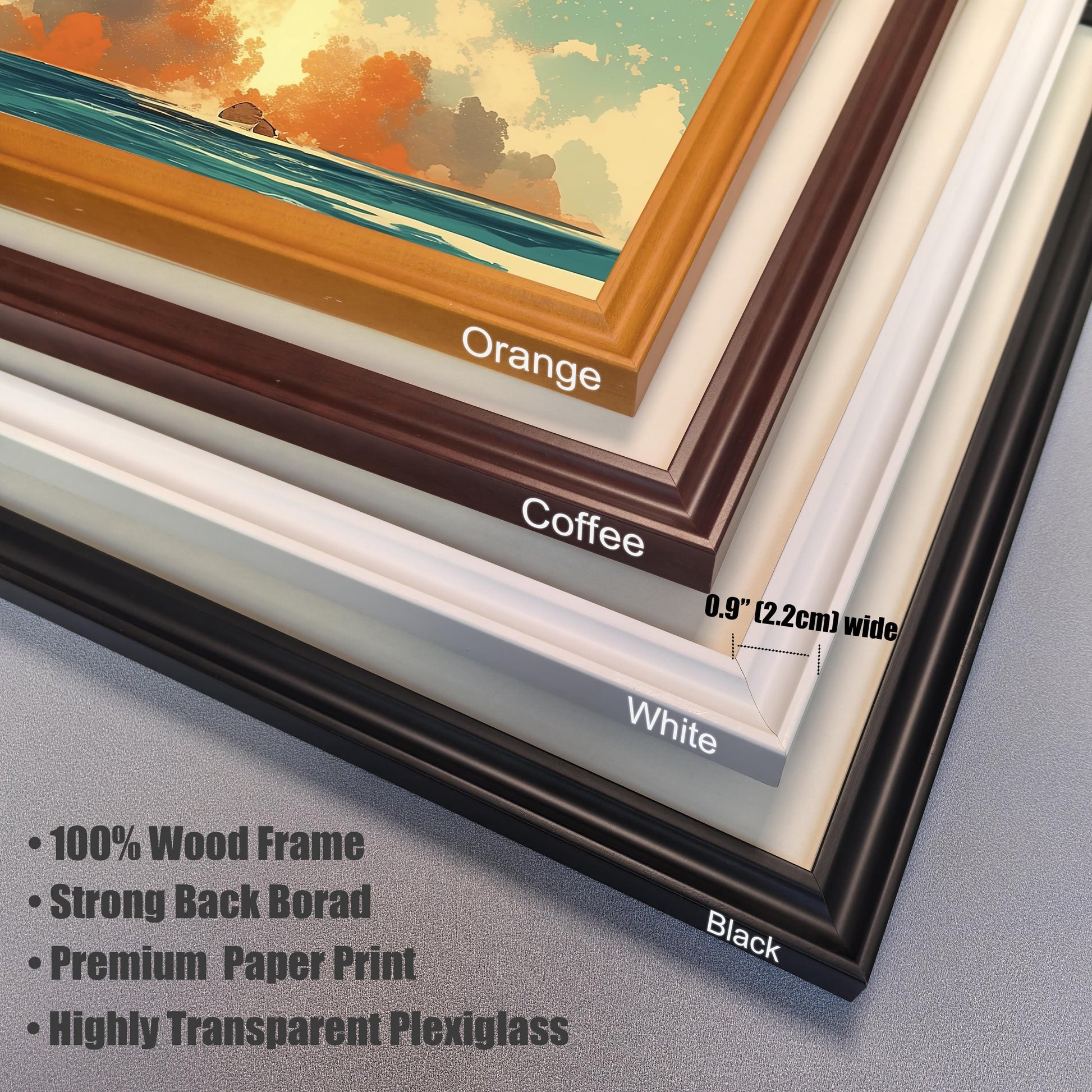Close-up view of four wood frame options for a space-themed art print. The frames are labeled Orange, Coffee, White, and Black, with a text overlay indicating the 0.9 inch (2.2 cm) width. The image highlights the premium materials used, including a 100% wood frame, strong back board, premium paper print, and highly transparent plexiglass.