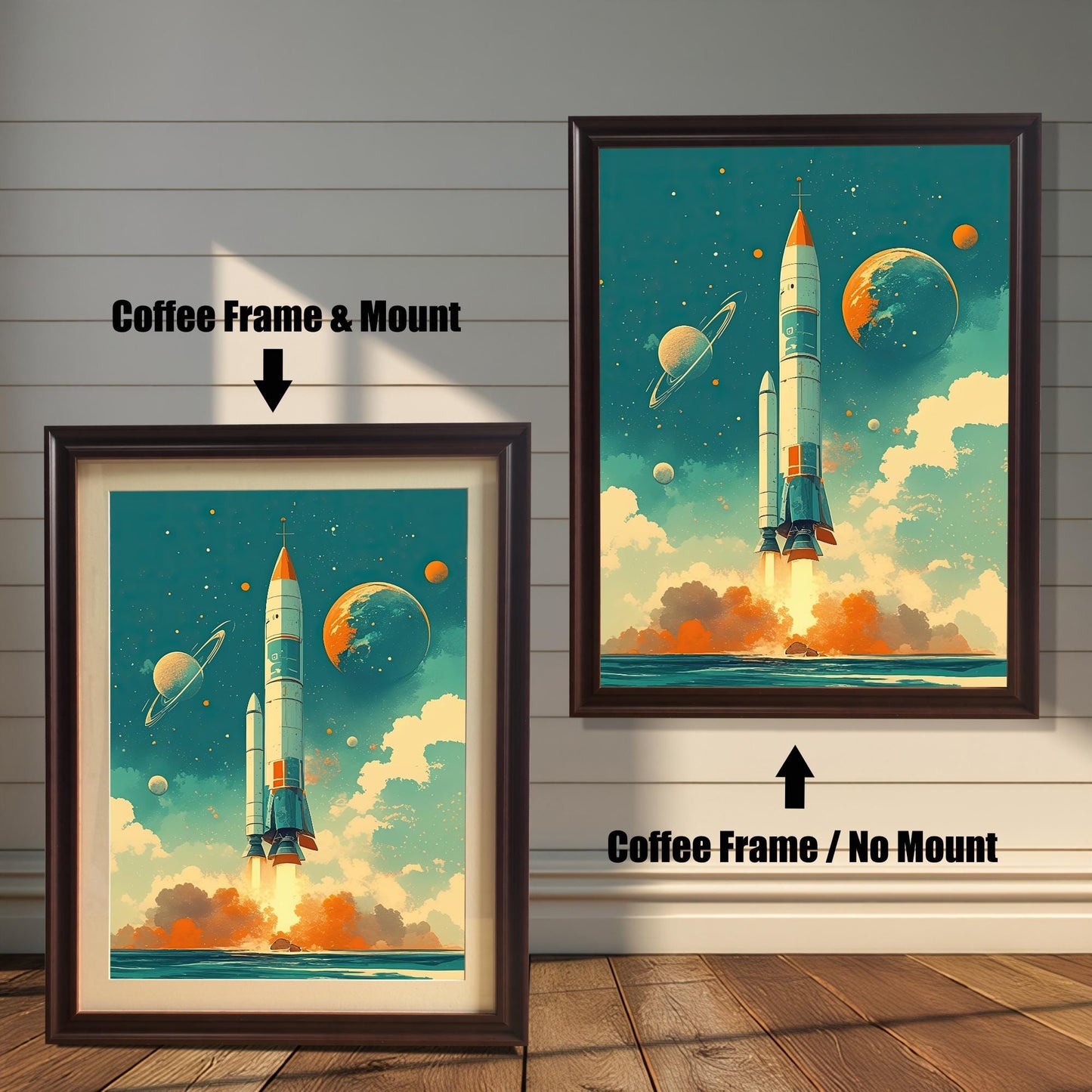Two framed art prints with coffee-colored dark brown wood frames, showing a rocket launch scene. The print on the left has a white mat (mount), and the one on the right is a full-frame display. Both are shown against a white wood paneled wall.