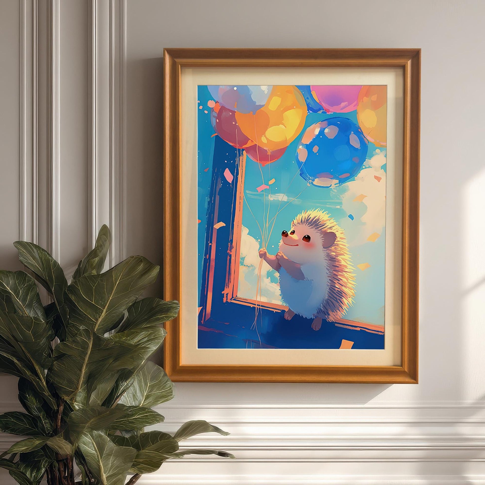 A close-up shot of an orange wood-framed art print of a whimsical hedgehog with balloons, hanging on a white decorative wall. A large green potted plant is visible in the bottom-left corner of the image.