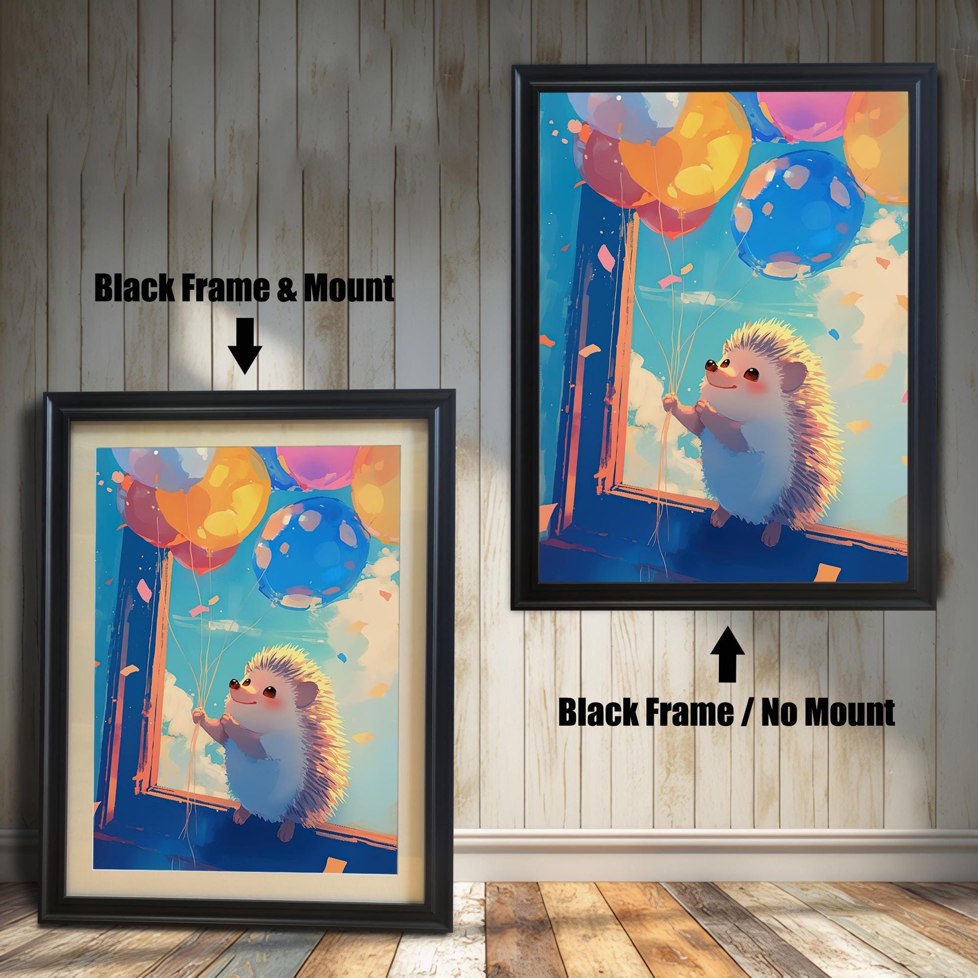 Two black-framed art prints of a cute hedgehog holding balloons. The print on the left includes a white mat (mount) for a professional look, while the print on the right is a simple full-frame version. Both pieces are leaning against a white wood paneled wall.