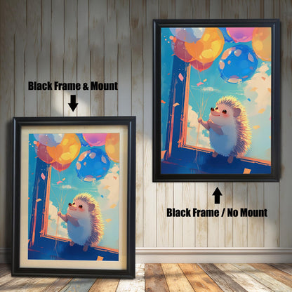 Two black-framed art prints of a cute hedgehog holding balloons. The print on the left includes a white mat (mount) for a professional look, while the print on the right is a simple full-frame version. Both pieces are leaning against a white wood paneled wall.