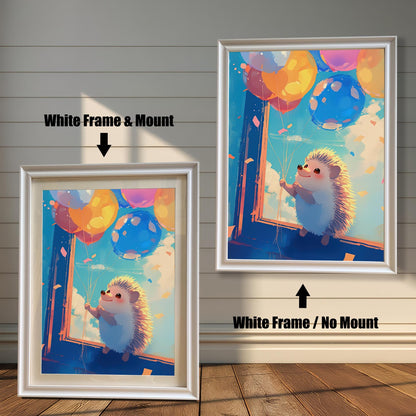 Two white-framed art prints of a cute hedgehog holding balloons. The print on the left has a white mat (mount) for a clean, classic look, while the one on the right is a full-frame display. Both pieces are leaning against a white wood paneled wall.