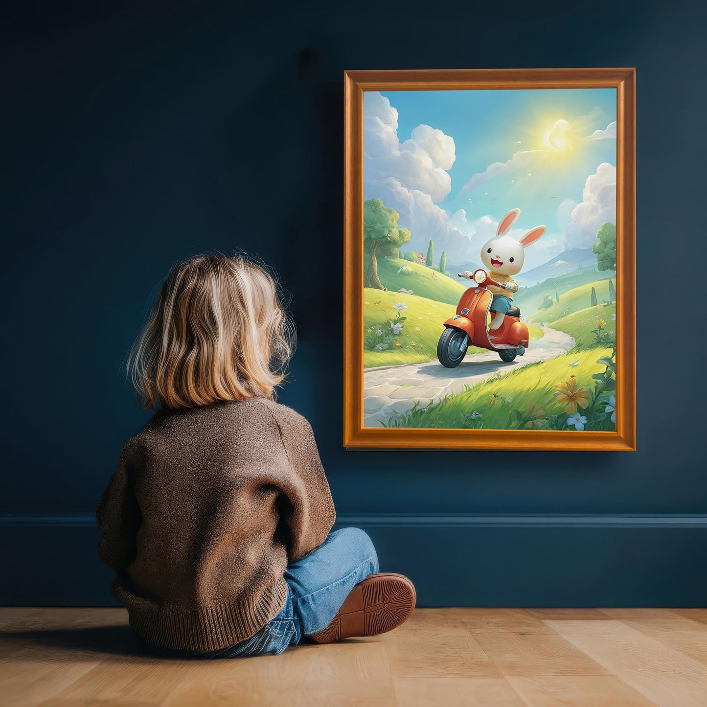 A young child sitting on a wooden floor, looking up at a gold-framed art print hanging on a dark blue wall. The print features a cute bunny riding an orange scooter down a hilly path.