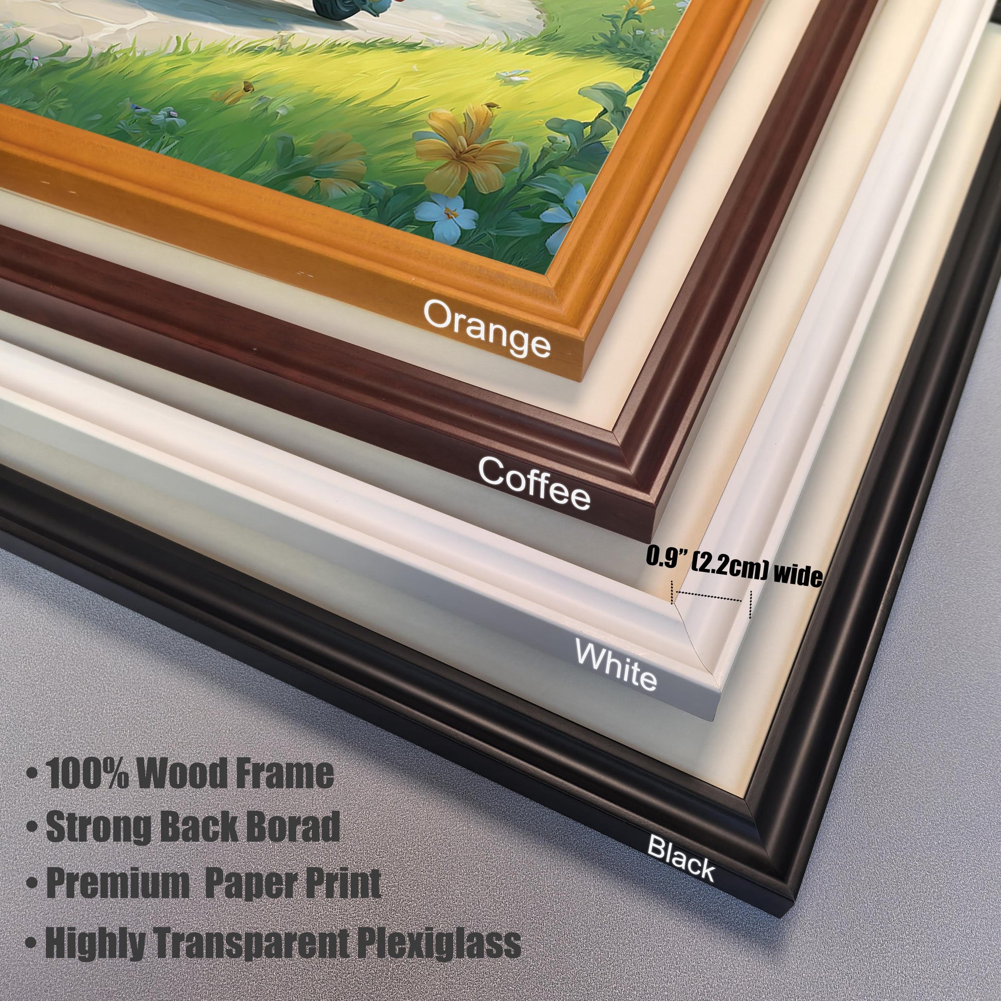 A close-up view of four wood frame options for a cute bunny art print. The frames are labeled Orange, Coffee, White, and Black, with a text overlay indicating the 0.9 inch (2.2 cm) width. The image highlights the product's premium features, including a "100% Wood Frame," "Strong Back Board," "Premium Paper Print," and "Highly Transparent Plexiglass."