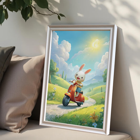 A white-framed art print of a whimsical bunny riding a scooter, leaning on a white bench with pillows. The scene is bright and cheerful, with a sunny blue sky and green hills in the background.