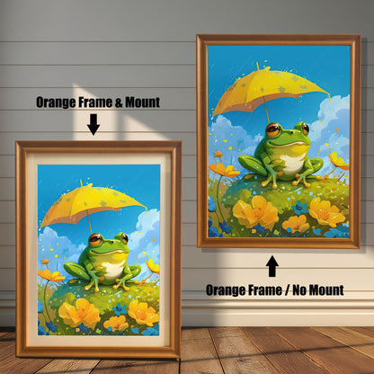 An art print featuring a cute frog holding a yellow umbrella, shown in two variations with an orange wood frame. The print on the left has a white mat (mount), while the one on the right is framed without a mat. Both prints are displayed against a white wood paneled wall.