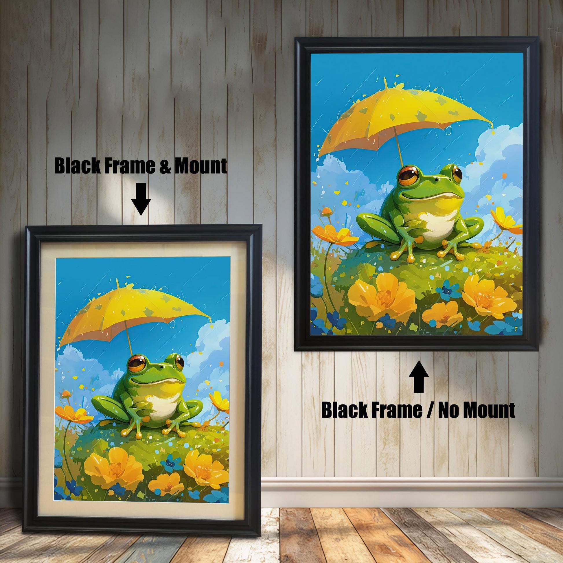 Two black-framed art prints of a cute frog with a yellow umbrella. The print on the left includes a white mat (mount) for a professional look, while the print on the right is a simple full-frame version. Both pieces are leaning against a white wood paneled wall.