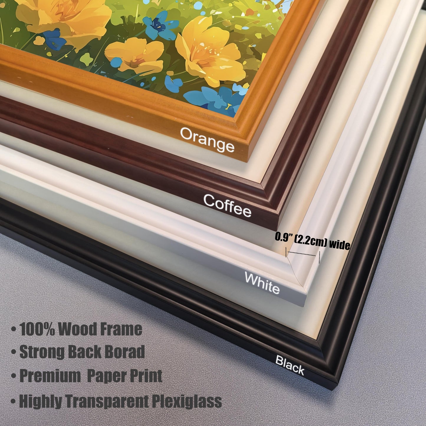 A close-up view of four wood frame options for a cute frog art print. The frames are labeled Orange, Coffee, White, and Black, with a text overlay indicating the 0.9 inch (2.2 cm) width. The image highlights the product's premium features, including a "100% Wood Frame," "Strong Back Board," "Premium Paper Print," and "Highly Transparent Plexiglass."