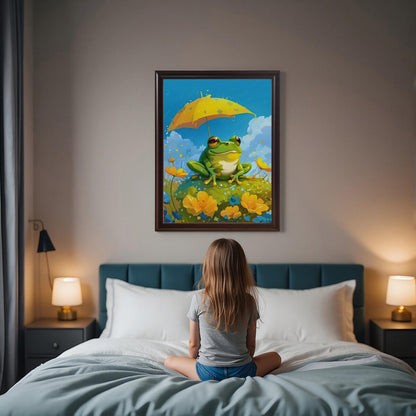 A young child sitting on a bed and looking up at a framed art print of a cute frog. The dark brown wood frame hangs on a gray wall above the bed, featuring a whimsical print of a frog with a yellow umbrella on a grassy hill.