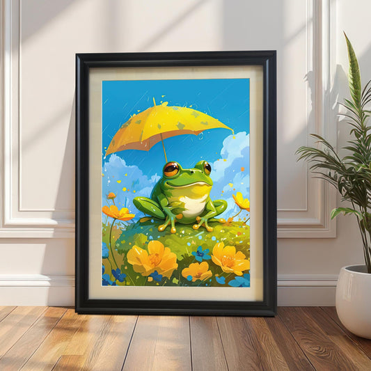 A black-framed art print of a cute frog with a yellow umbrella, leaning against a white decorative wall. The scene is bright and cheerful, with yellow flowers and a small plant pot visible