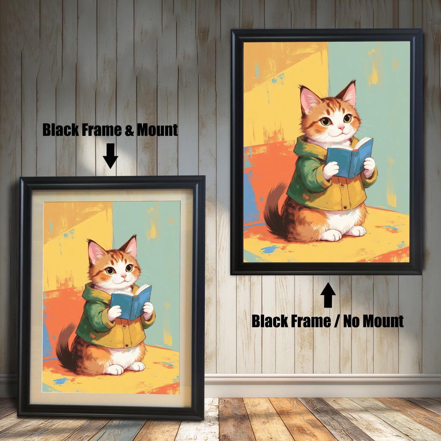 Two black-framed art prints of a cute cat reading a book. The print on the left includes a white mat (mount) for a professional look, while the print on the right is a simple full-frame version. Both pieces are leaning against a white wood paneled wall.