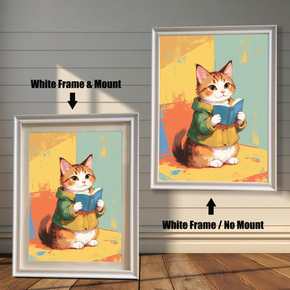 Two white-framed art prints of a cute cat reading a book. The print on the left has a white mat (mount) for a clean, classic look, while the one on the right is a full-frame display. Both pieces are leaning against a white wood paneled wall.
