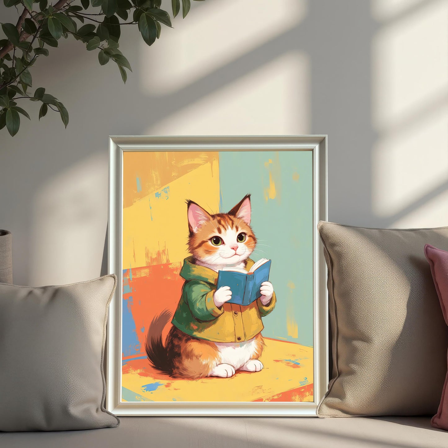 A white-framed art print of a cute cat reading a book, leaning on a white couch with pillows. The background of the print is a colorful abstract design with yellow, orange, and blue-green.