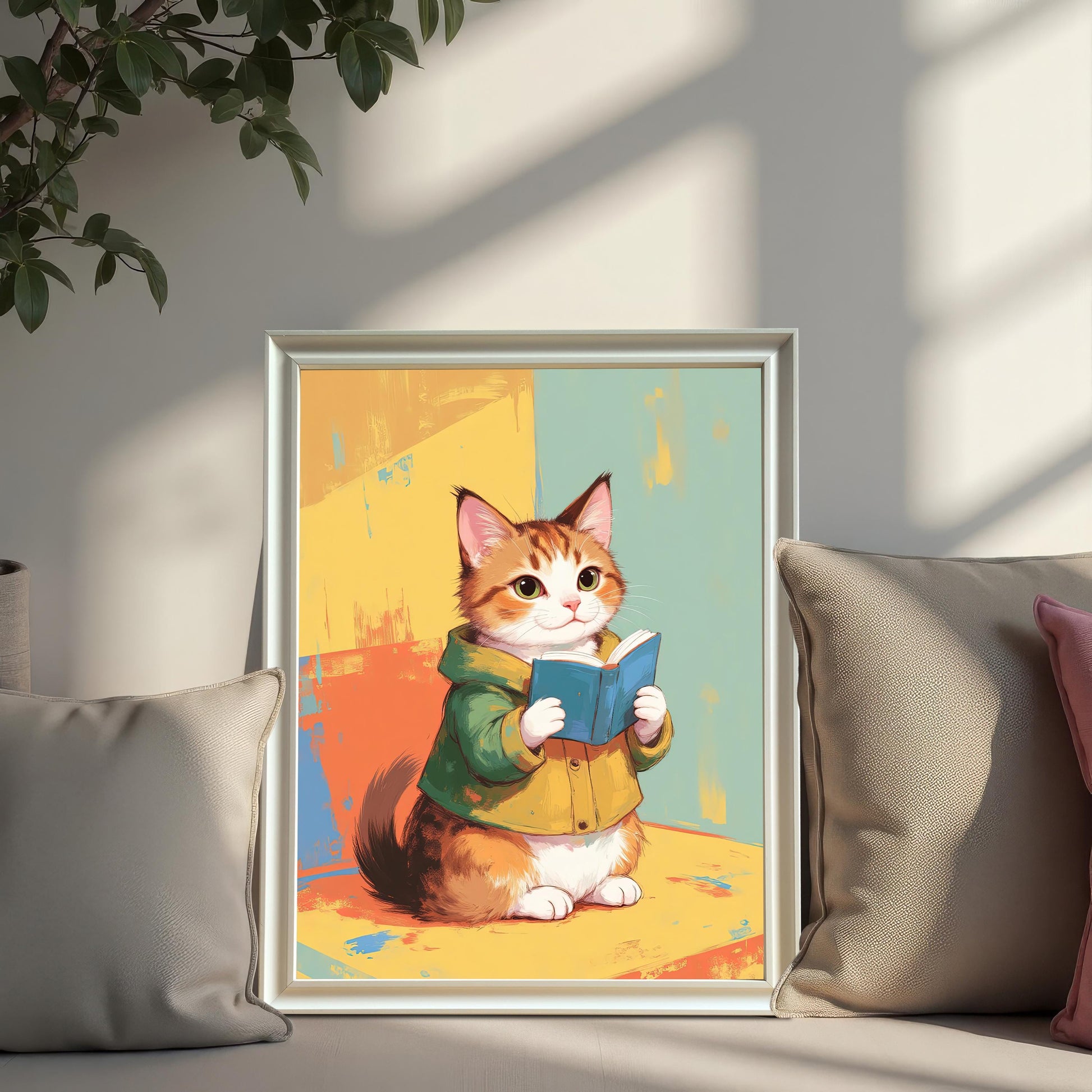 A white-framed art print of a cute cat reading a book, leaning on a white couch with pillows. The background of the print is a colorful abstract design with yellow, orange, and blue-green.