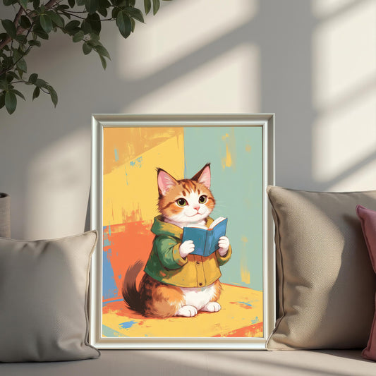 A white-framed art print of a cute cat reading a book, leaning on a white couch with pillows. The background of the print is a colorful abstract design with yellow, orange, and blue-green.