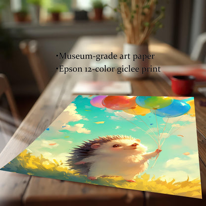 A close-up of the hedgehog art print showing its high-quality, vibrant colors on museum-grade paper, labeled as an "Epson 12-color giclee print."