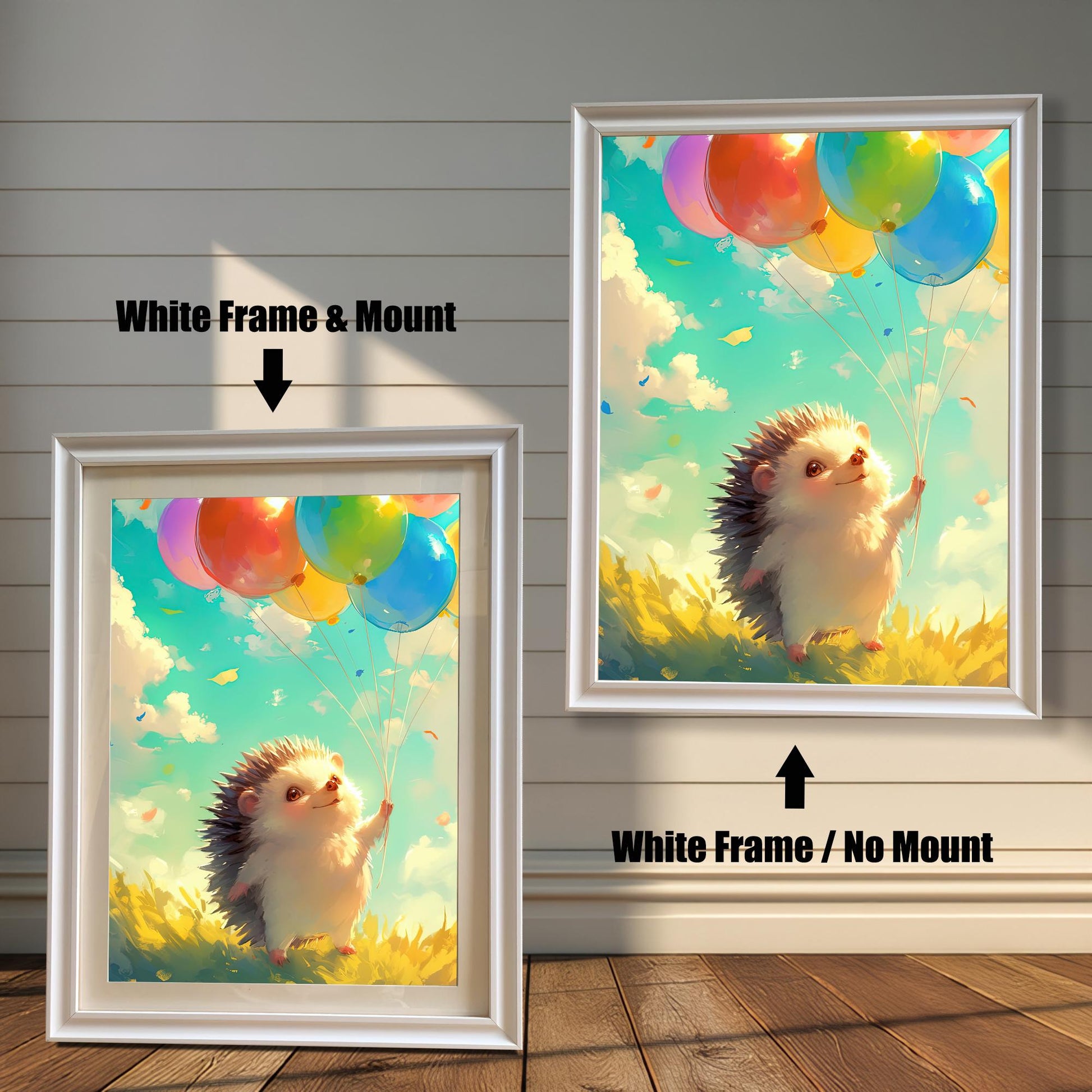 A whimsical framed print of a hedgehog holding colorful balloons, displayed in a white wood frame with a mat on the left and a white wood frame without a mat on the right. This charming wall art is perfect for decorating a nursery, kids' bedroom, or any cozy living space.