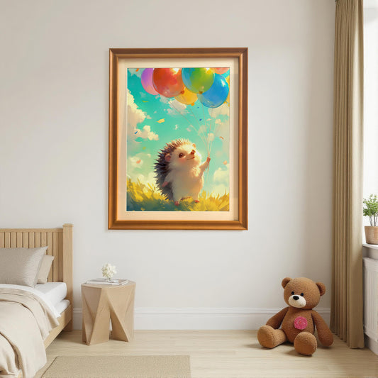 A large framed print of a cute hedgehog holding balloons, hanging on a wall in a minimalist nursery or bedroom. The orange wood frame stands out against the white wall, adding a touch of color and whimsy.