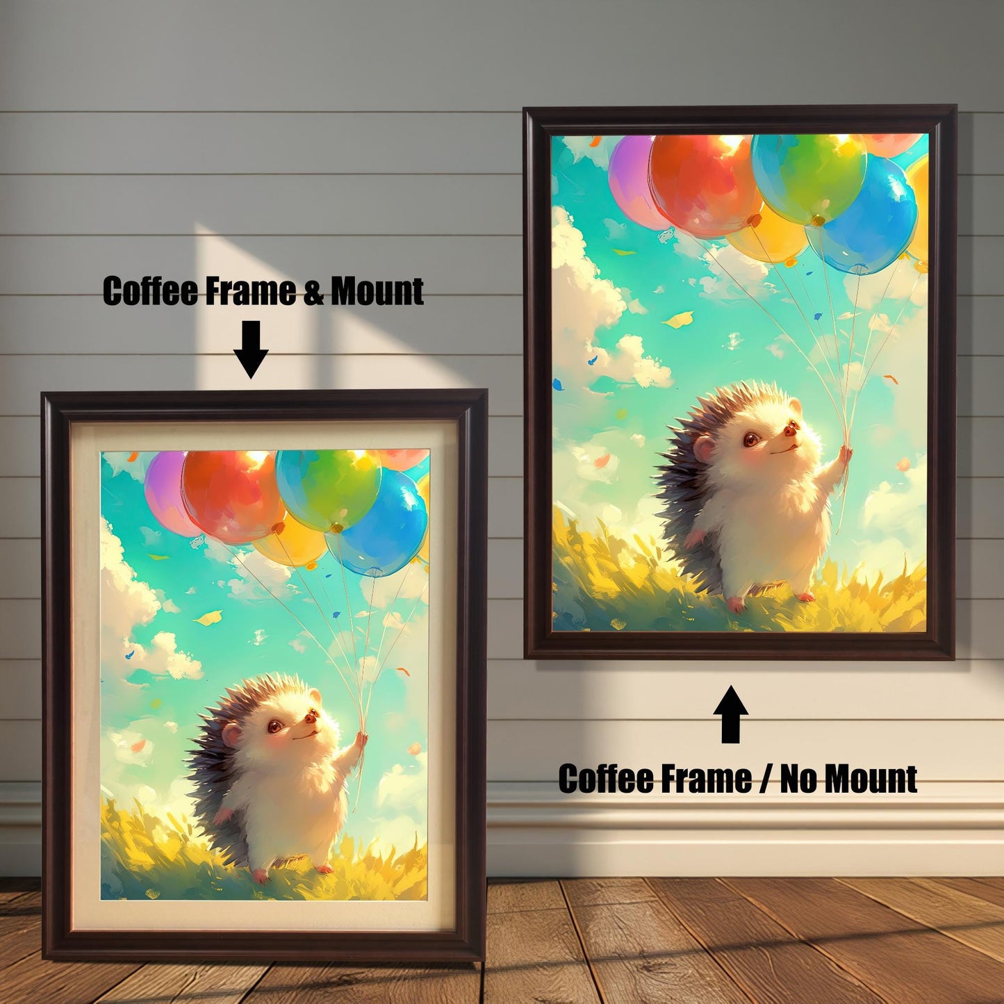 A comparison of two dark brown, coffee-colored frame options for the hedgehog print: one with a white mat border (mount) and one without (no mount).