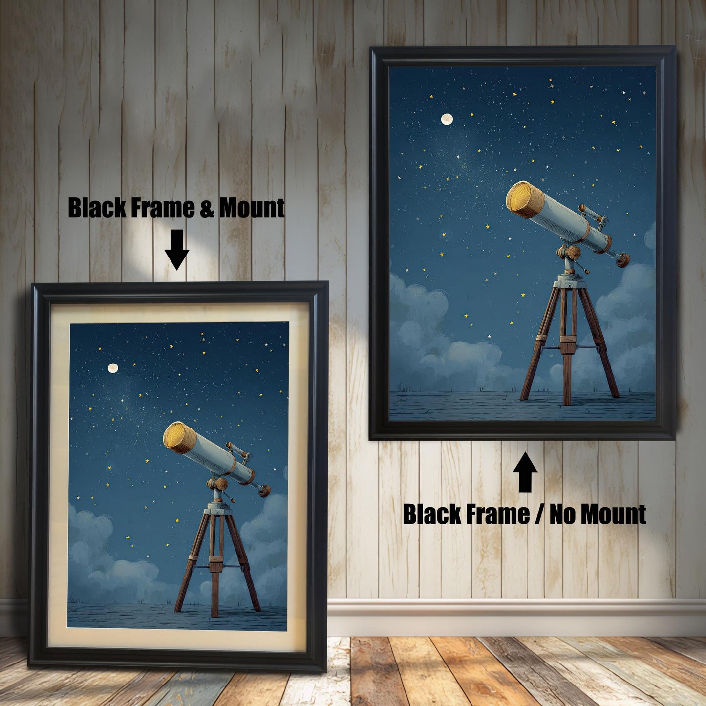 A whimsical framed art print of a telescope under a starry night sky with a full moon. The print is shown in two different black wood frames; one with a white mat and one without. This wall art is perfect for a space-themed bedroom, a nursery, or for anyone who loves astronomy.