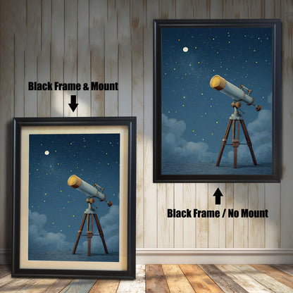 A whimsical framed art print of a telescope under a starry night sky with a full moon. The print is shown in two different black wood frames; one with a white mat and one without. This wall art is perfect for a space-themed bedroom, a nursery, or for anyone who loves astronomy.